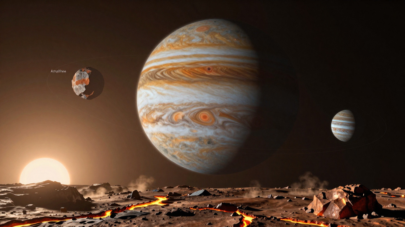 Superfície vulcânica de lua com planeta gigante gasoso e lua rochosa ao fundo no espaço sideral.