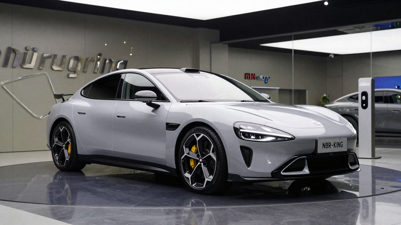 Carro esportivo cinza com rodas pretas e freios amarelos em exposição interna, placa NBR-KING.