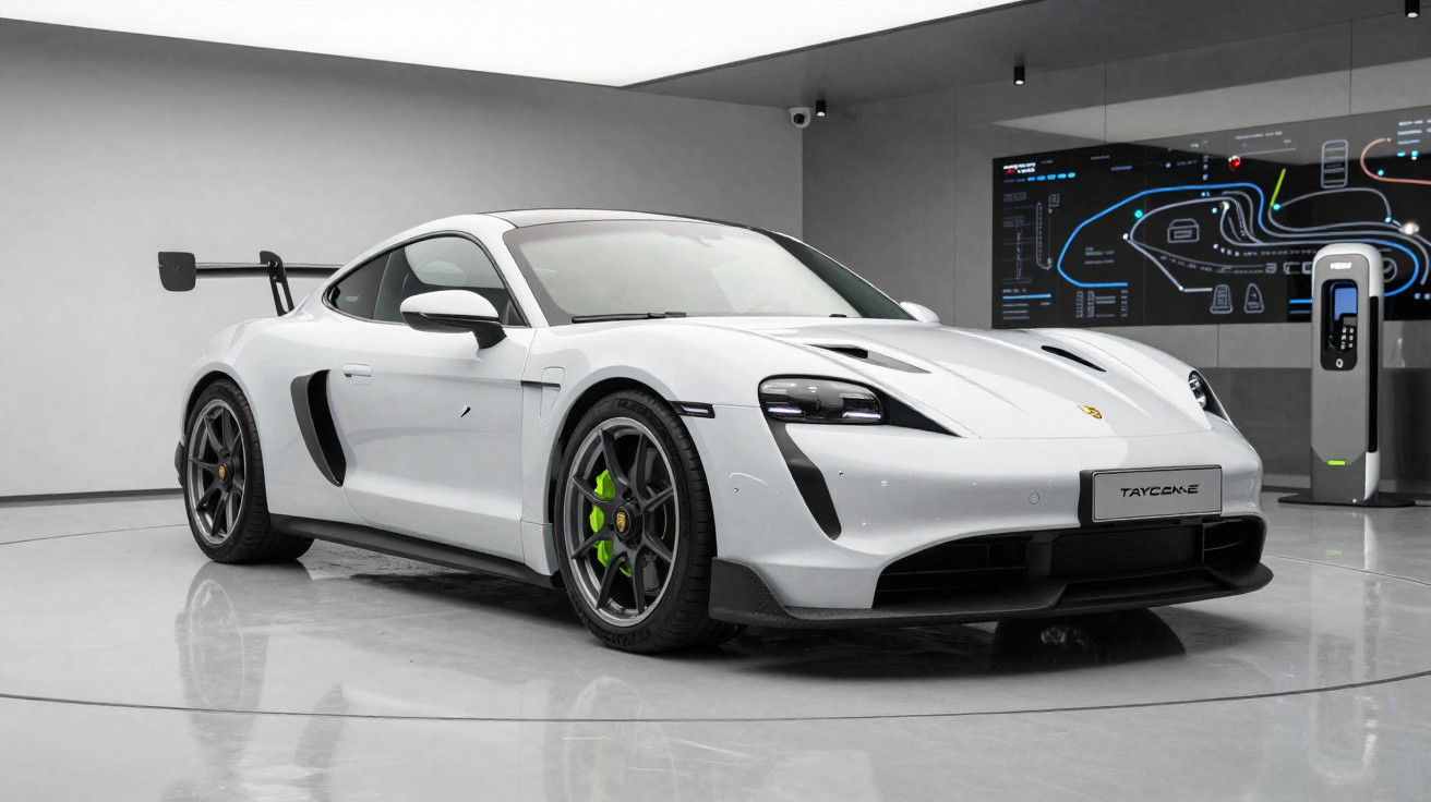 Carro esportivo branco Porsche Taycan em showroom minimalista com carregador elétrico ao fundo.