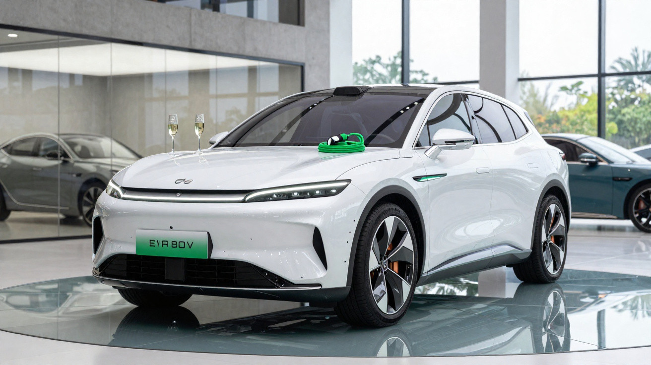 Carro elétrico branco exibido em showroom moderno, com duas taças de champanhe e um cabo de carregamento no capô.