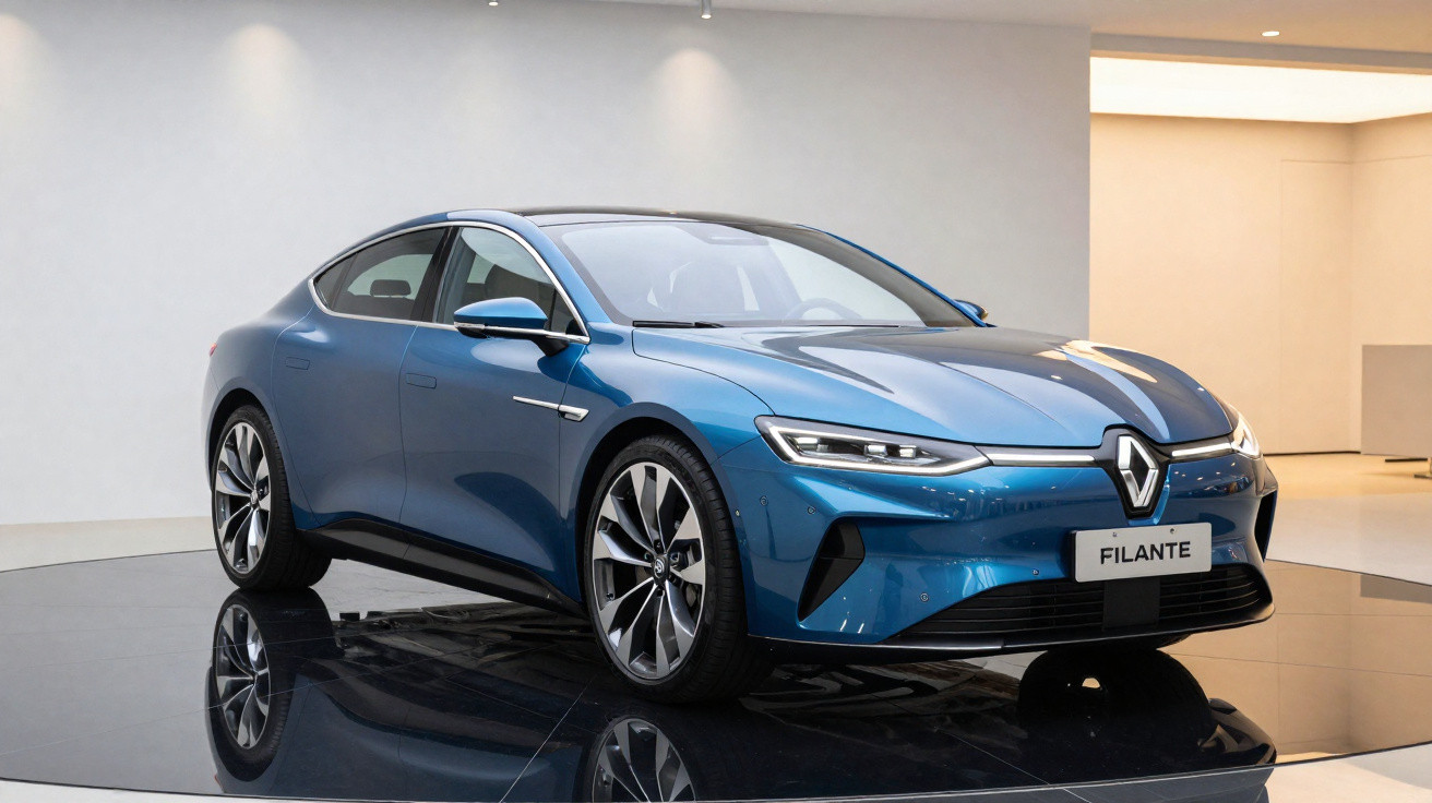 Carro elétrico Renault Filante azul em exposição com ambiente interno branco e piso preto brilhante.