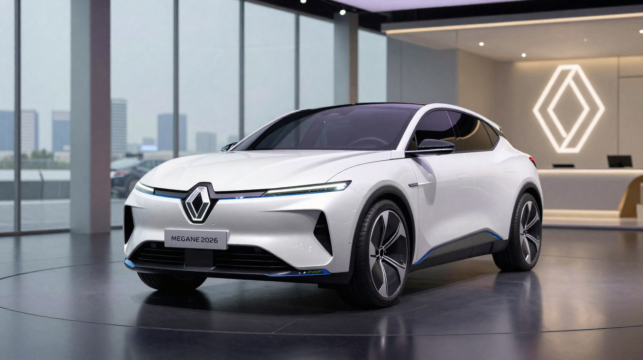 Carro elétrico branco Renault Megane 2026 exposto em showroom moderno com logo iluminado ao fundo.