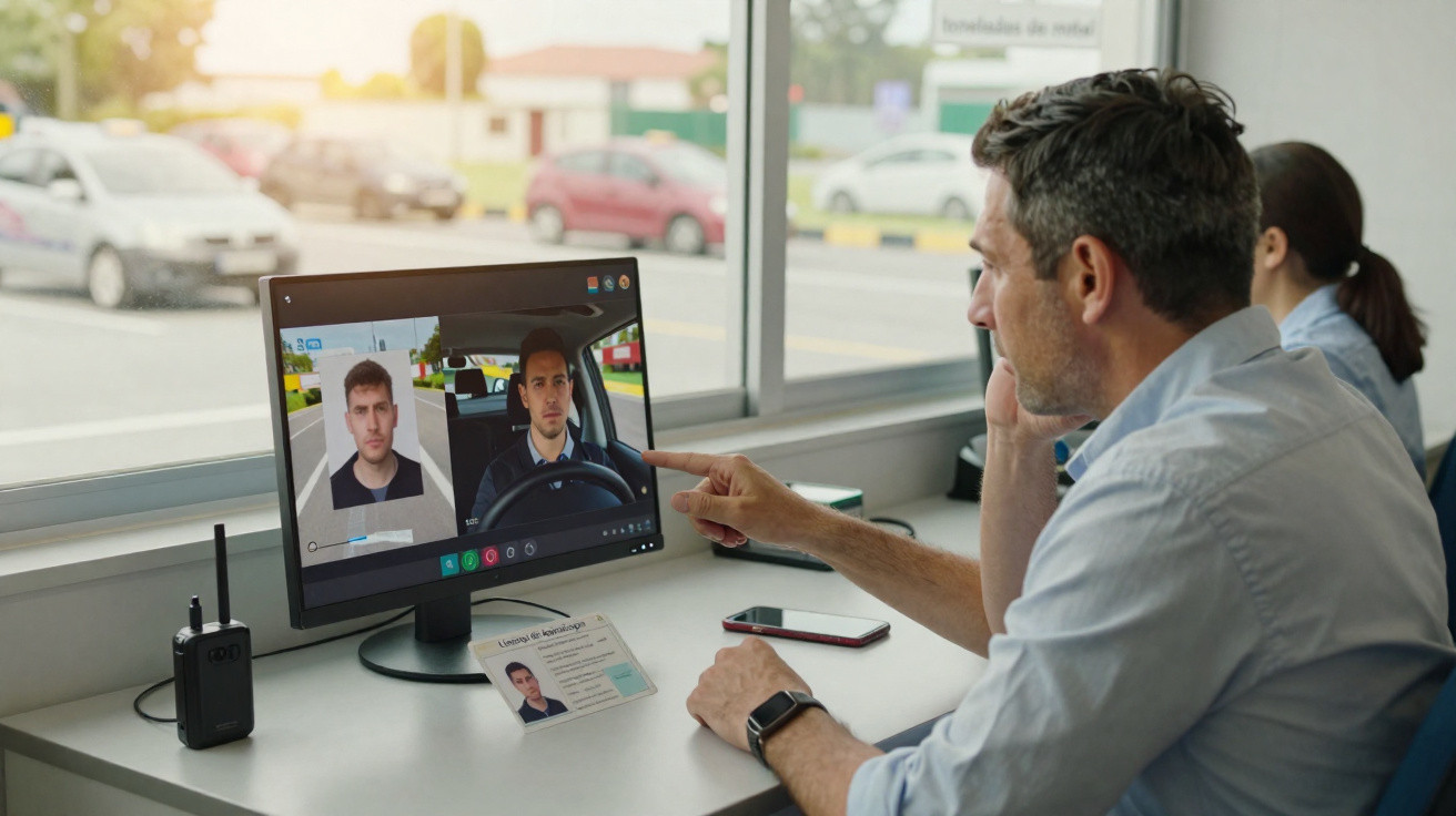 Homem analisando vídeo e foto de motorista em tela de computador em escritório com janela para rua movimentada.