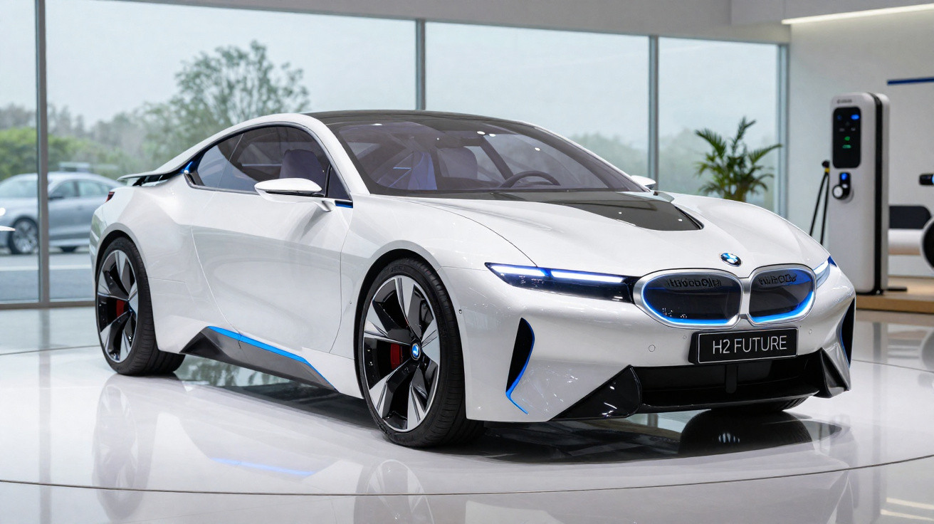 Carro esportivo branco BMW H2 Future elétrico exposto em showroom moderno e iluminado.