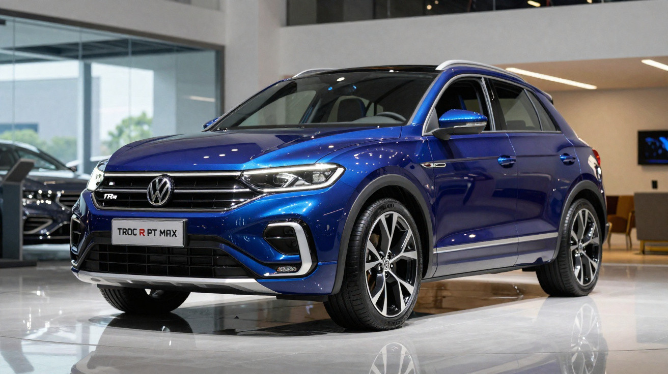Carro Volkswagen T-Roc R azul exposto em showroom moderno com piso branco brilhante.