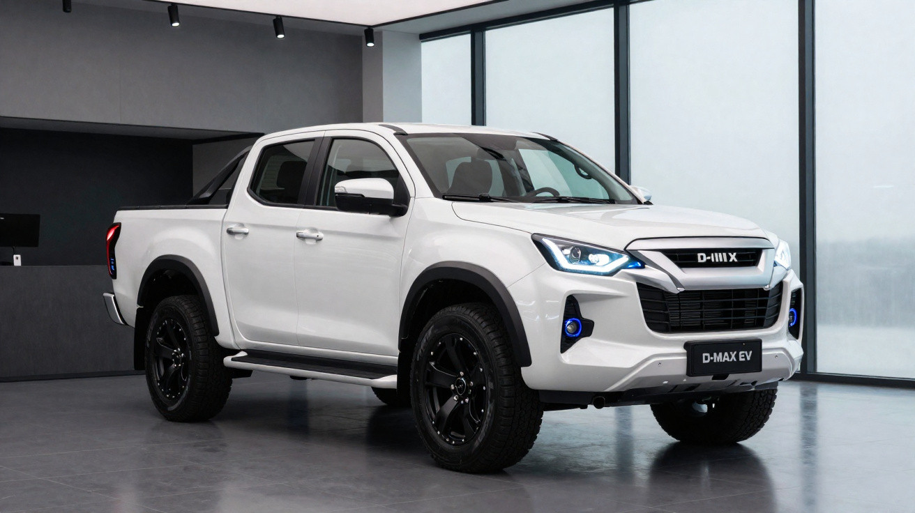 Picape branca elétrica D-Max EV em showroom moderno com rodas pretas e iluminação azul nos faróis.
