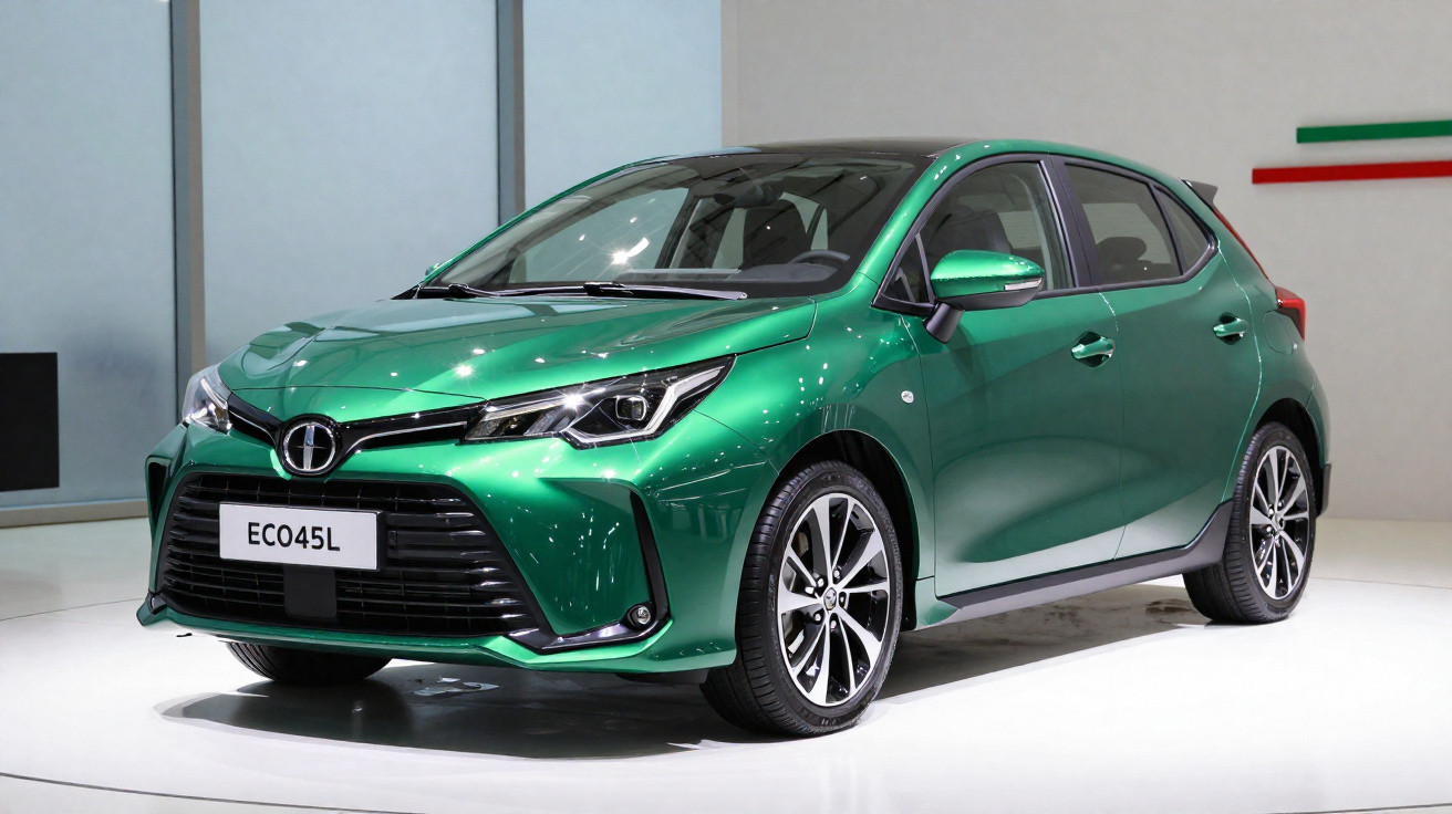 Carro hatchback verde metálico modelo ECO45L exibido em ambiente interno com iluminação branca.