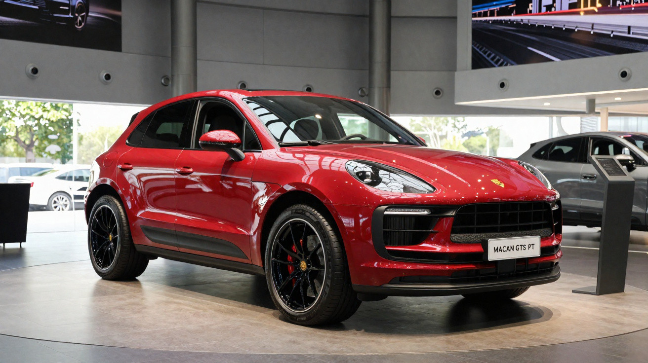 Carro SUV Porsche Macan GTS PT vermelho em exposição dentro de showroom moderno.
