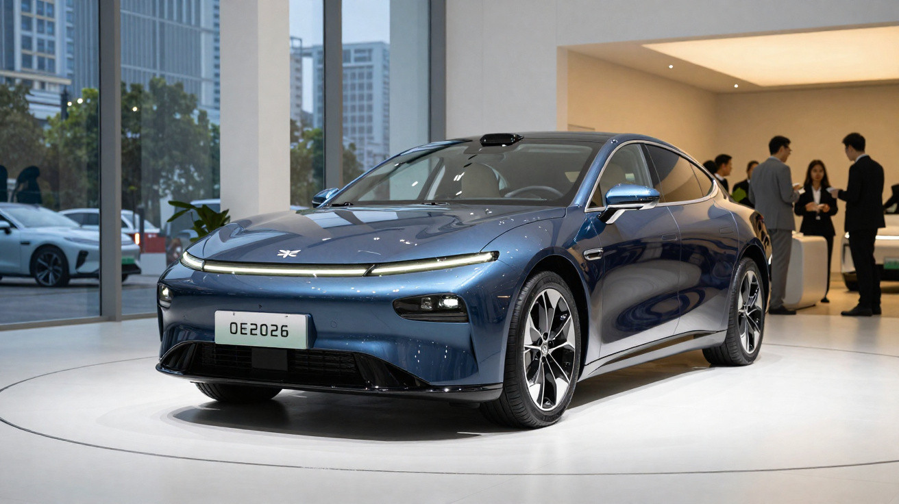 Carro elétrico azul exibido em salão com pessoas ao fundo e prédios visíveis pela janela.