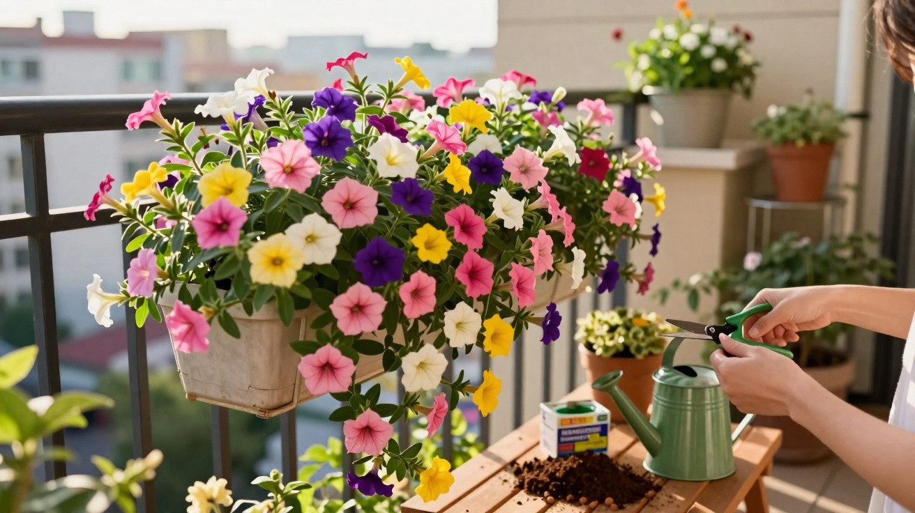 Vasos com flores coloridas em varanda, mãos podando planta e regador verde sobre mesa de madeira.