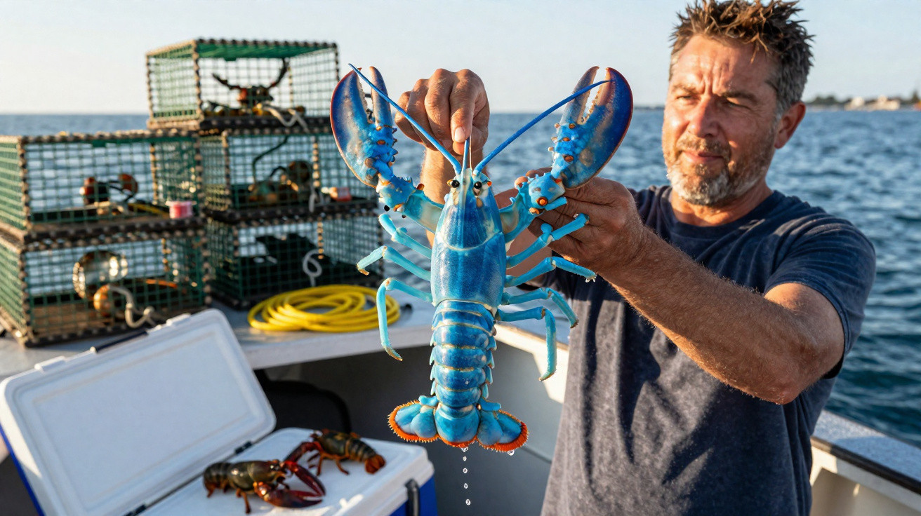 Homem segurando uma lagosta azul recém-pescada em barco com armadilhas e mar ao fundo.