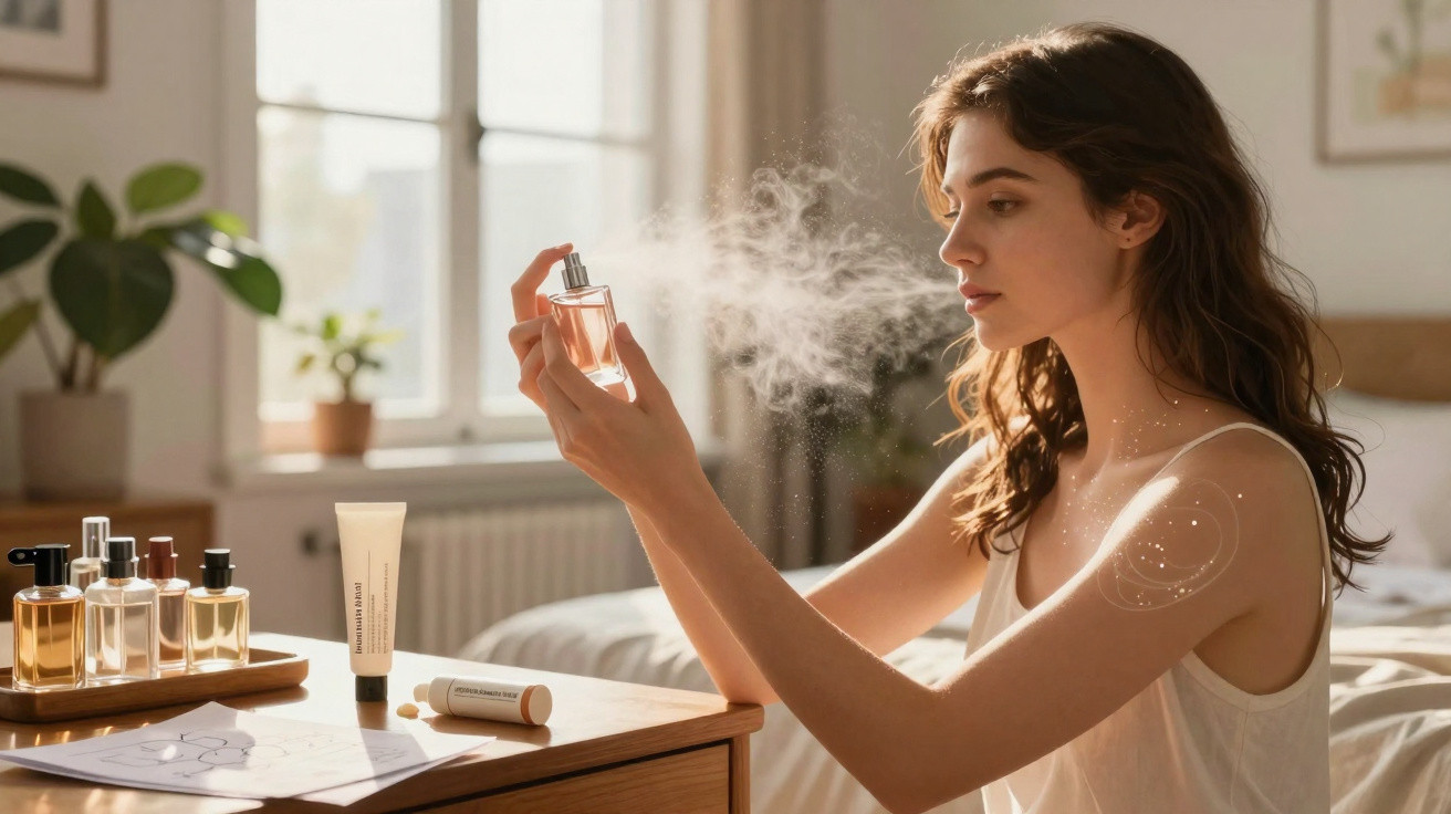 Mulher aplicando perfume em ambiente iluminado com várias opções de frascos sobre a mesa.