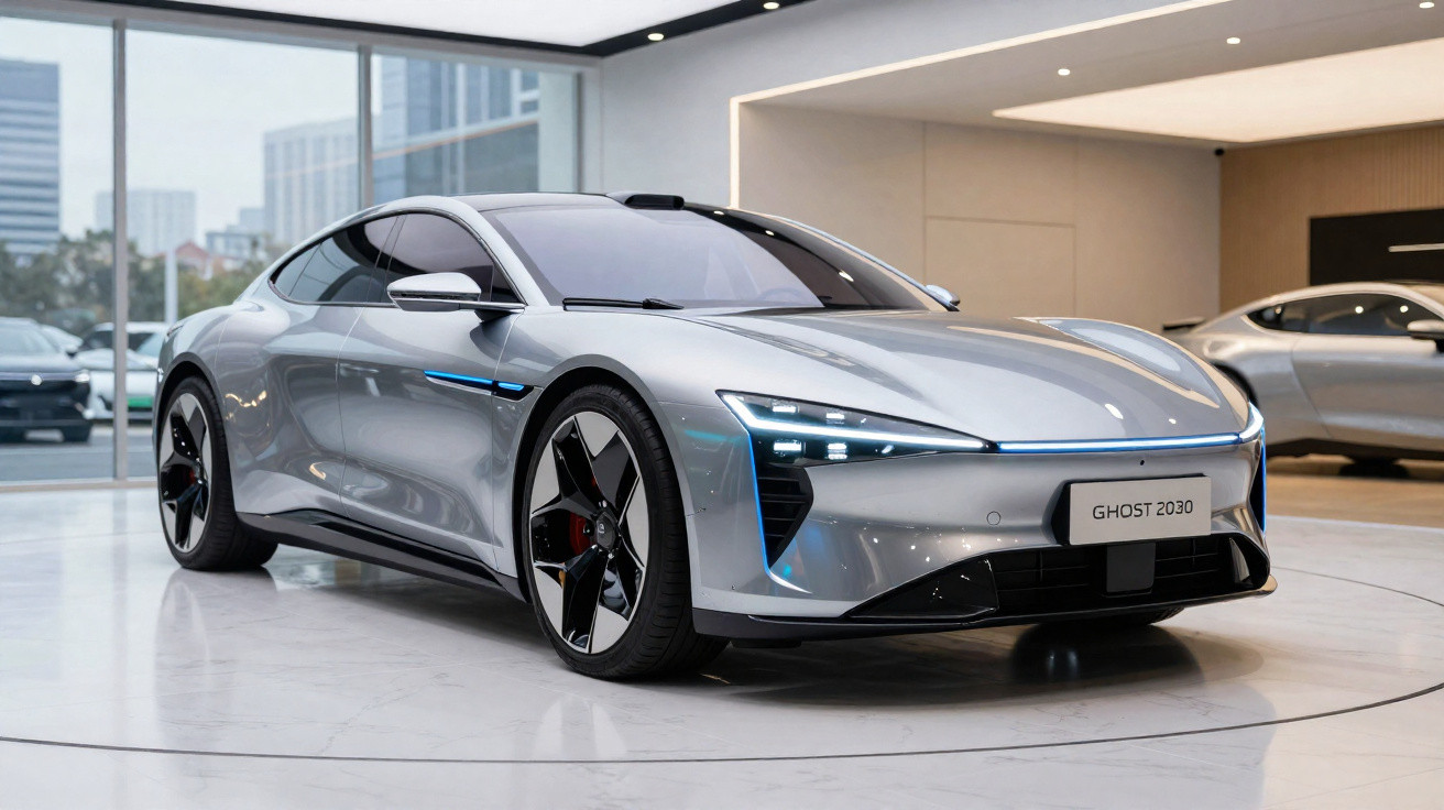 Carro esportivo elétrico prata Ghost 2030 exposto em showroom moderno com vidro e iluminação.