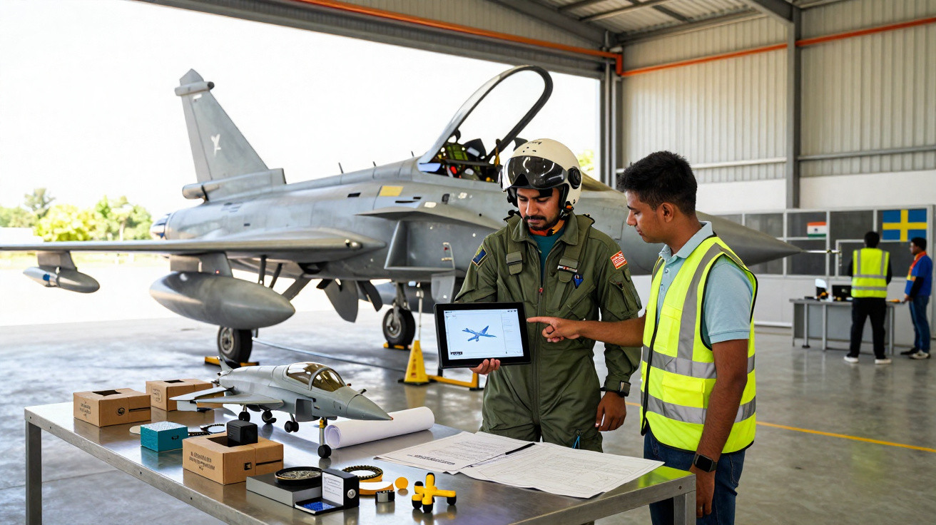 Dois homens analisam projeto de avião em hangar com jato militar ao fundo e maquete na mesa.