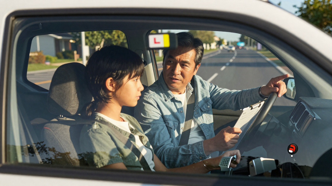 Instrutor de direção ensinando jovem motorista dentro de carro com placa de aprendizagem.