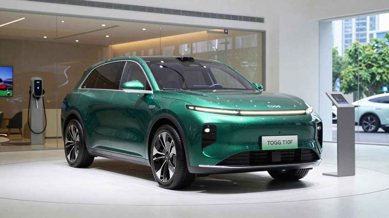 Carro elétrico verde TOGG T10F exposto em showroom moderno com carregador ao fundo.