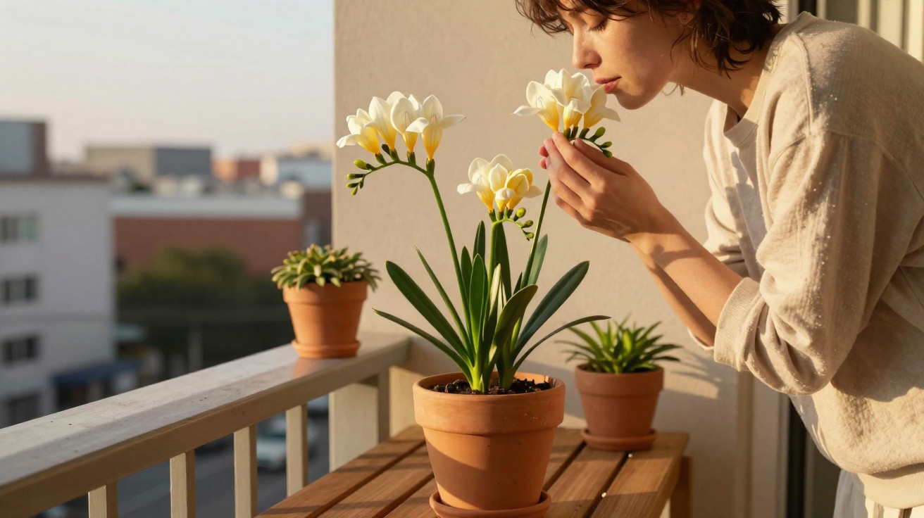 Mulher cheirando flores brancas em vaso no varal com luz do sol ao entardecer.