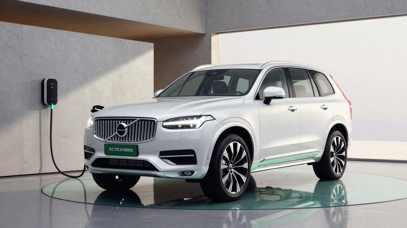 Carro SUV Volvo XC70 híbrido branco conectado a carregador elétrico em ambiente interno moderno.