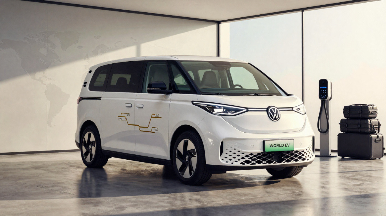 Carro elétrico Volkswagen branco estacionado em ambiente interno ao lado de carregador e malas.