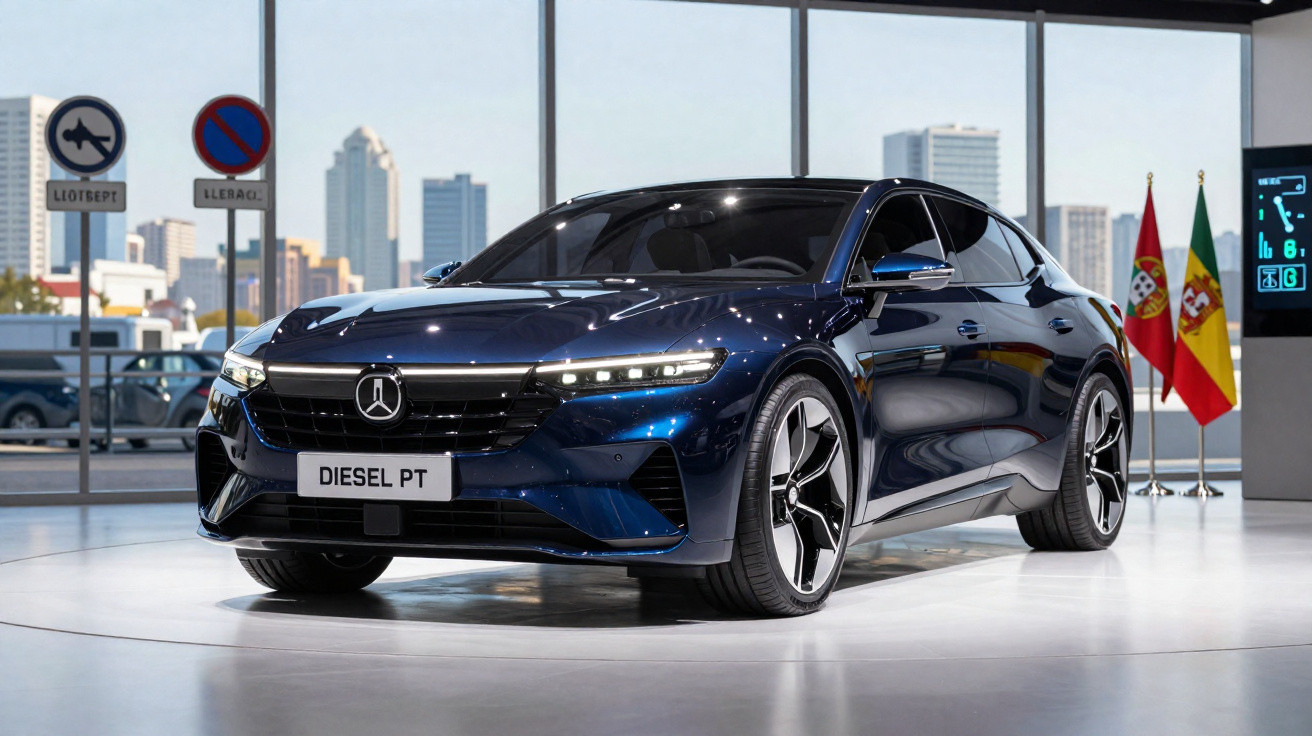Carro elétrico azul escuro exposto em showroom com janelas e bandeiras de Portugal e Espanha ao fundo.