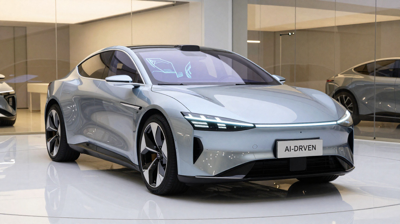 Carro elétrico prateado com design futurista e placa “AI-DRIVEN” exibido em showroom moderno.