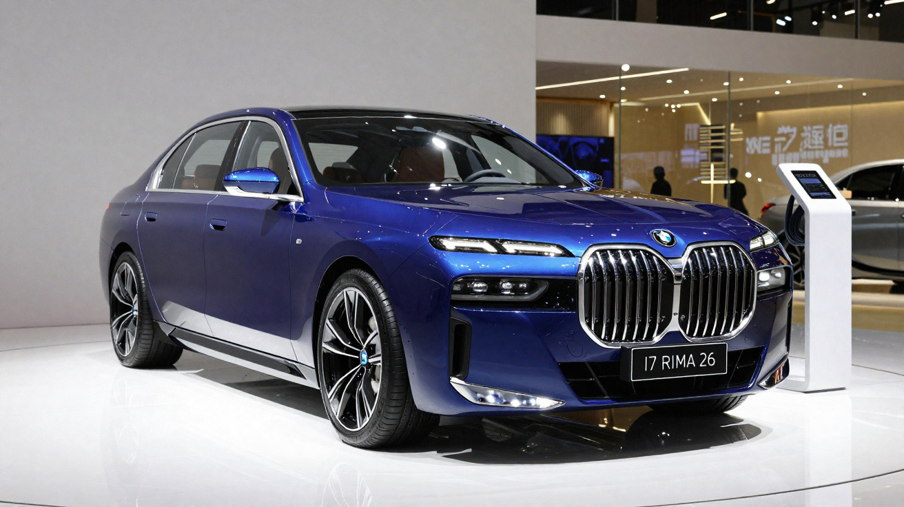 Carro BMW azul escuro exibido em salão automotivo com design moderno e grade frontal grande cromada.