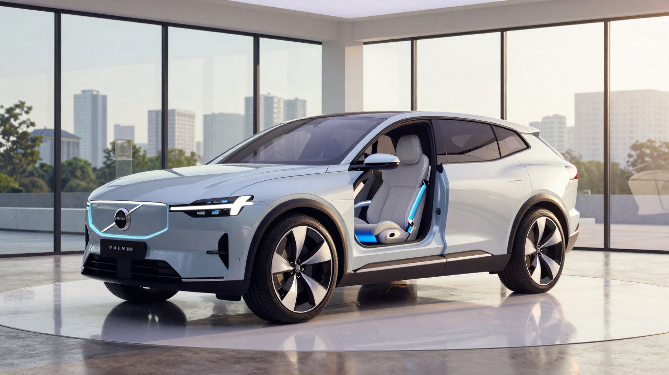 Carro SUV elétrico Volvo cinza claro com porta dianteira aberta exibindo interior iluminado.