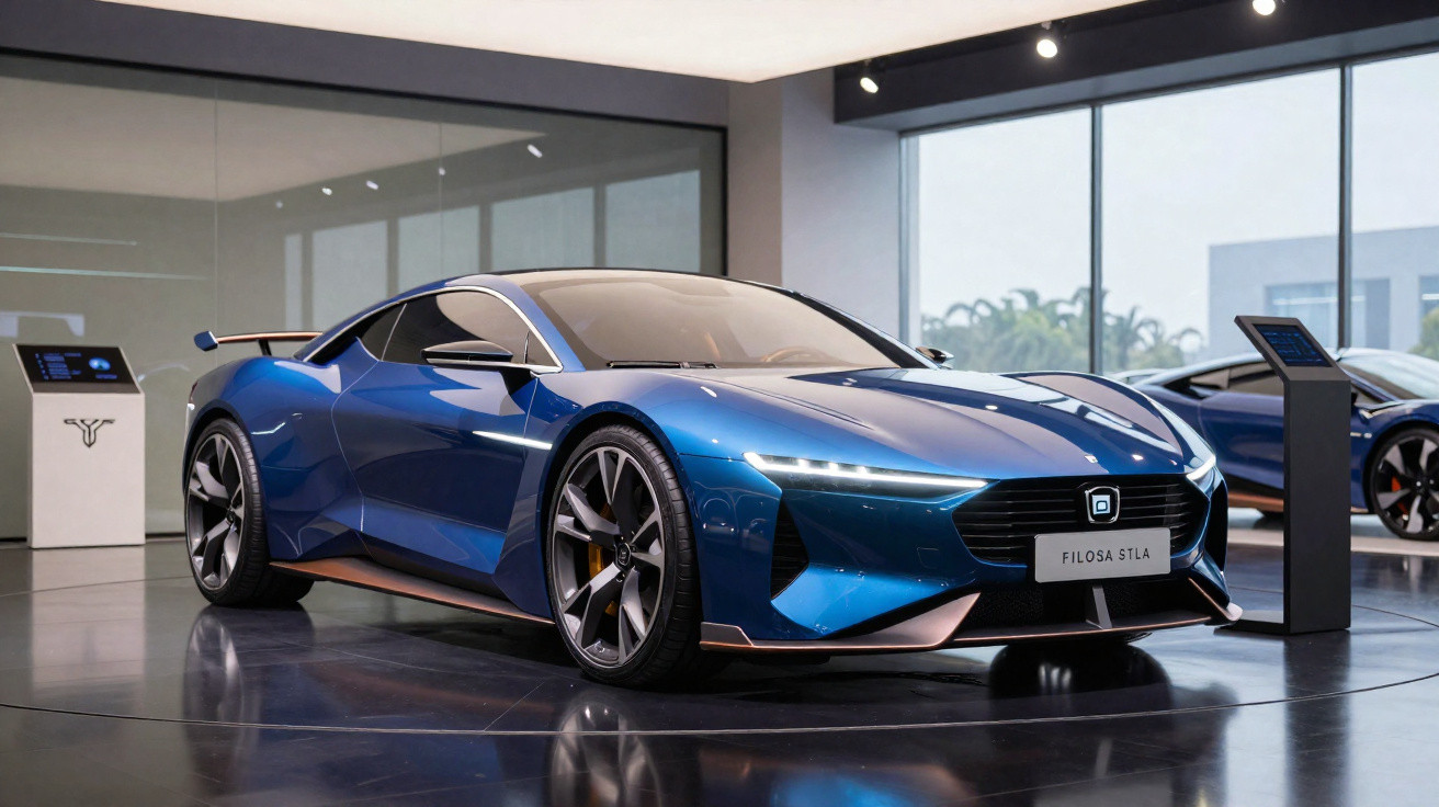 Carro esportivo elétrico azul exibido em salão moderno com paredes de vidro e iluminação interna.