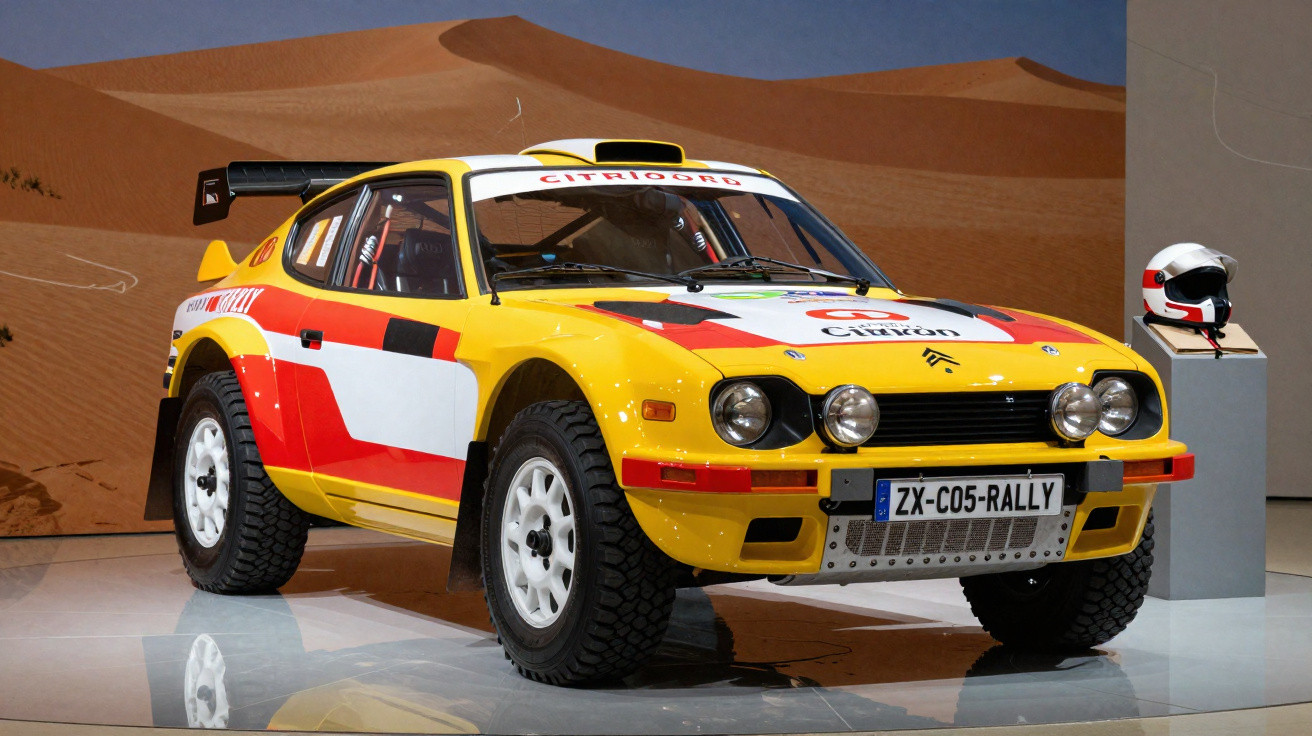 Carro de rally Citroën ZX amarelo com detalhes vermelhos e brancos em exposição, capacete ao lado.
