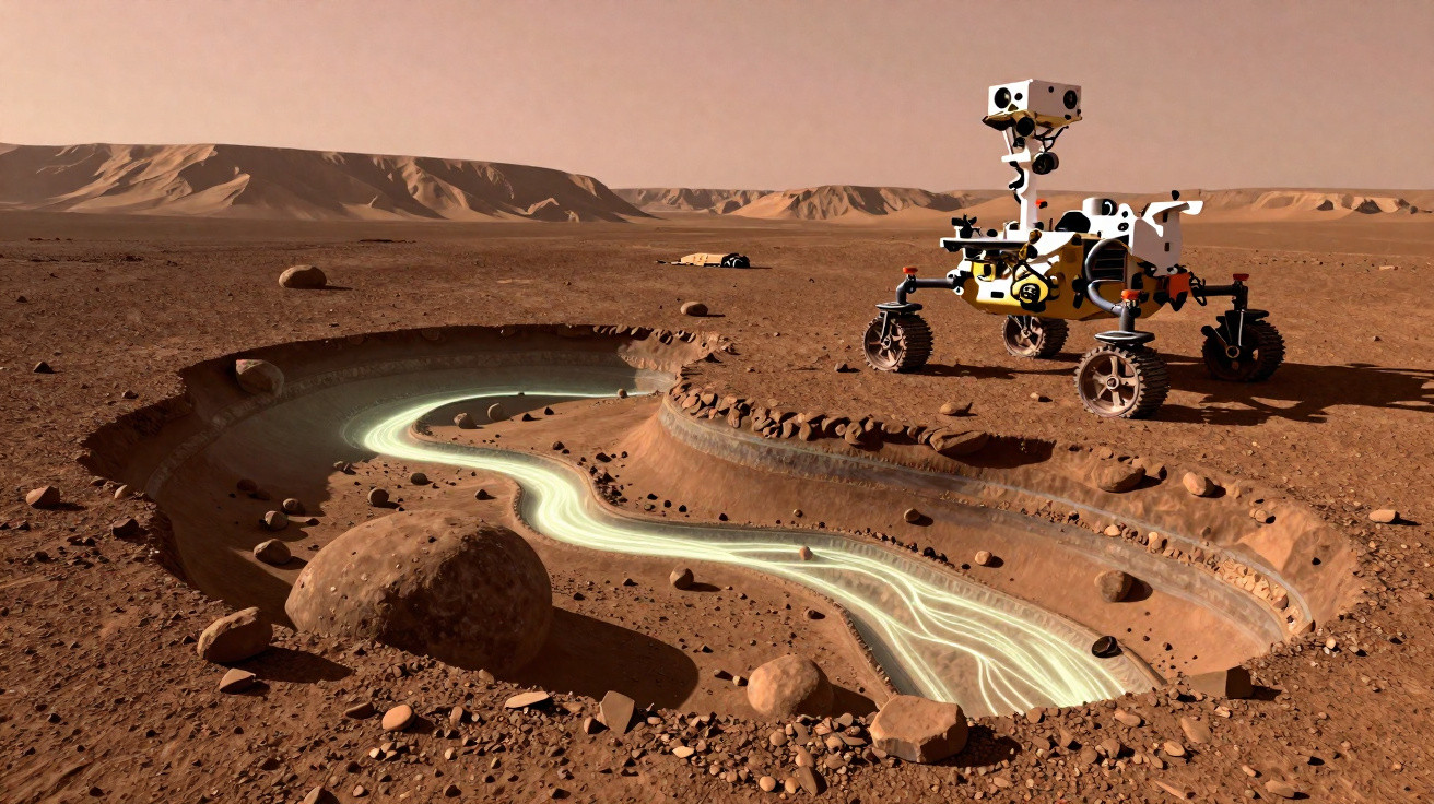Rover explorando superfície marciana próxima a características de leito de rio antigo iluminado.