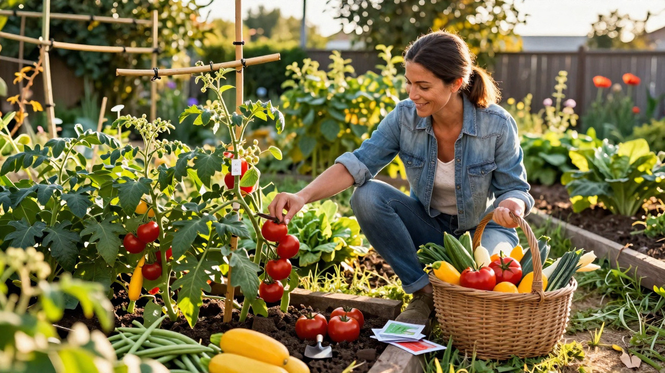 Mulher colhendo tomates em horta caseira, com cesta cheia de legumes e verduras ao lado.