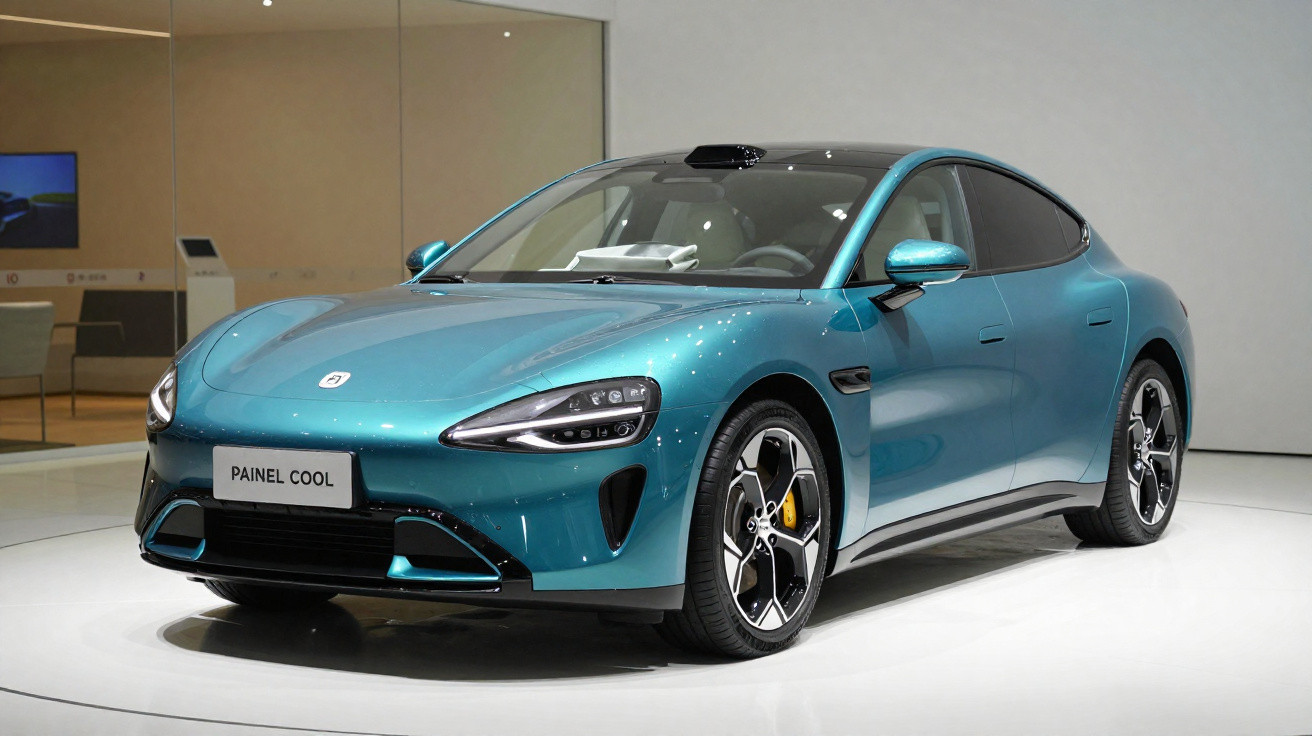 Carro elétrico sedã azul com design moderno exposto em ambiente interno com iluminação branca.