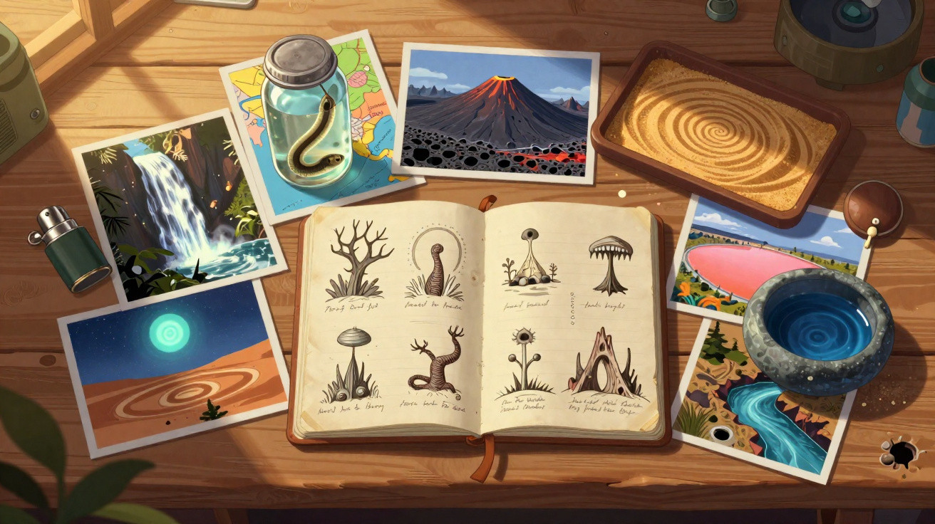 Mesa de madeira com livro aberto de plantas e fotos de paisagens naturais variadas.