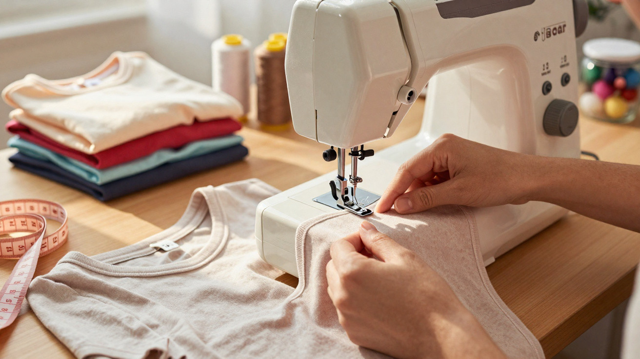 Pessoa costurando camiseta clara com máquina de costura, com roupas dobradas e linhas no fundo.