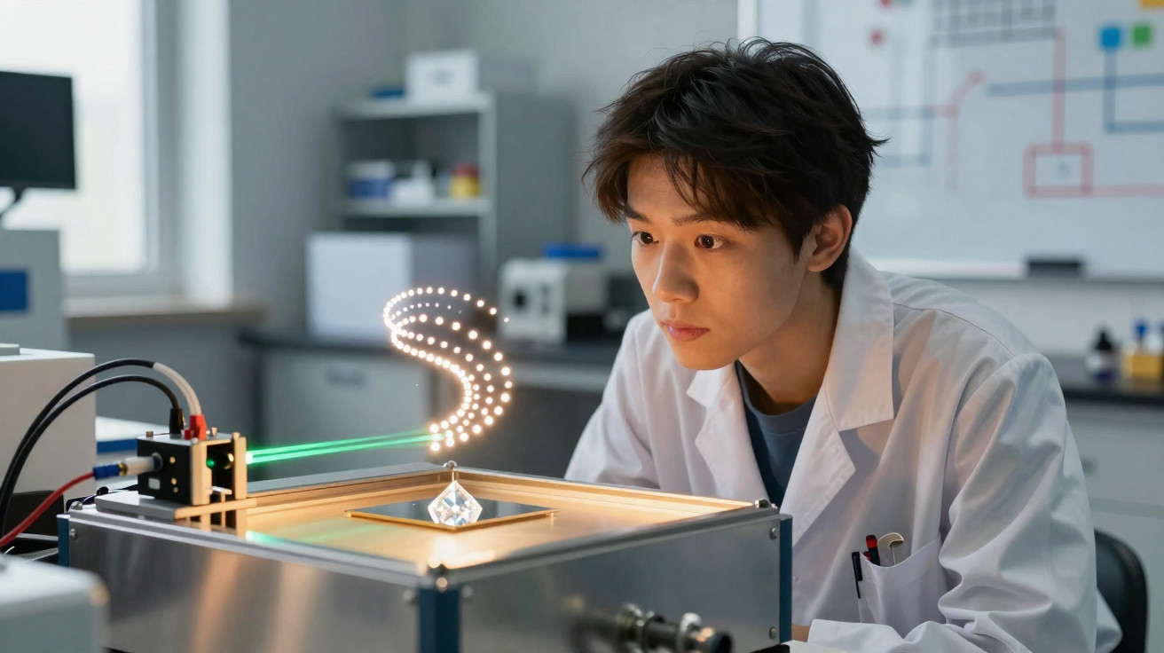 Jovem cientista observa demonstração de holograma em forma de letra S em laboratório moderno.