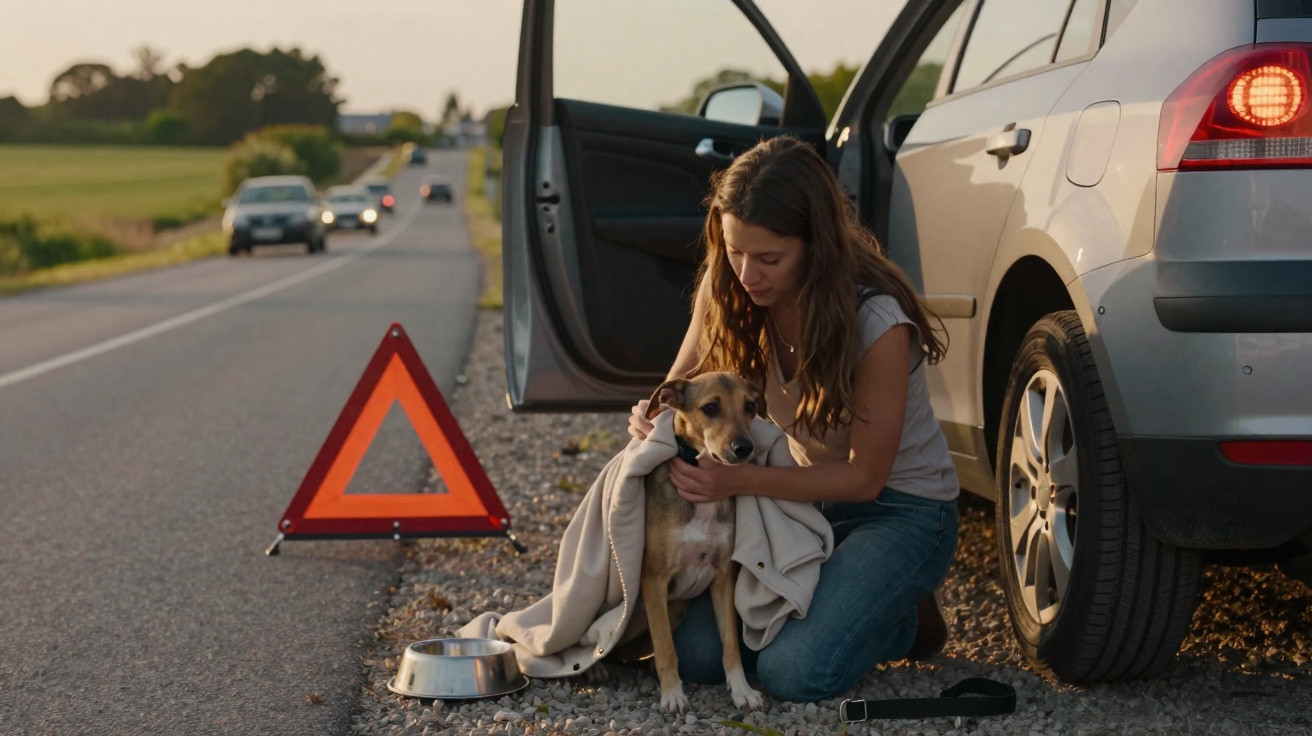 Mulher cobre cachorro com cobertor ao lado de carro parado na estrada com triângulo de segurança atrás.