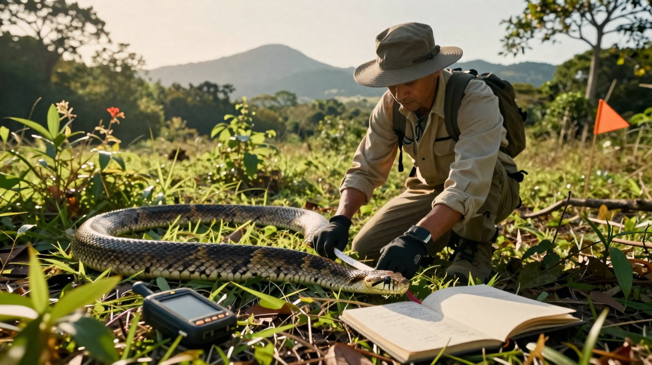 Pesquisador usando chapéu e luvas interage com cobra grande no campo, com caderno aberto e aparelho eletrônico ao lado.