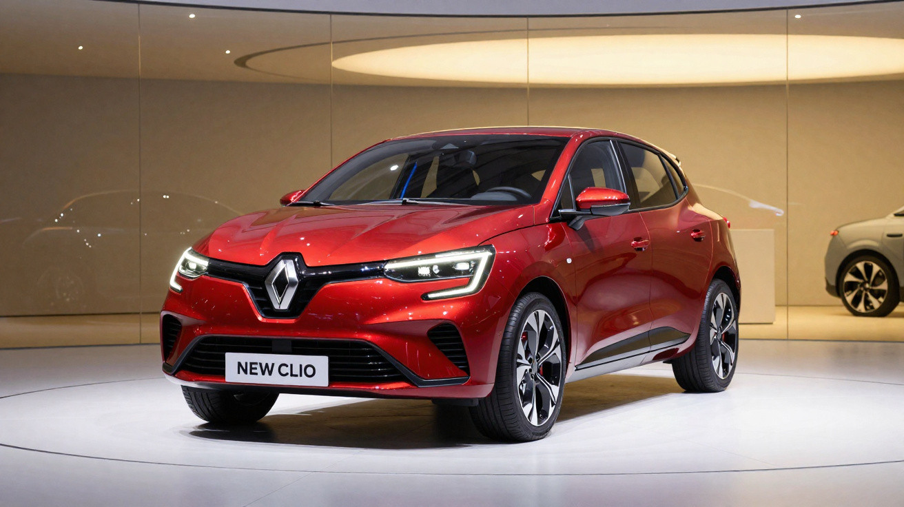 Carro Renault New Clio vermelho exibido sob iluminação em ambiente moderno e elegante.