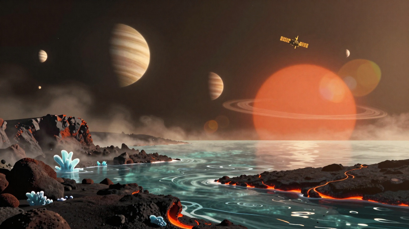 Paisagem alienígena com rios luminosos, formações rochosas, planetas gigantes no céu e um satélite espacial em órbita.