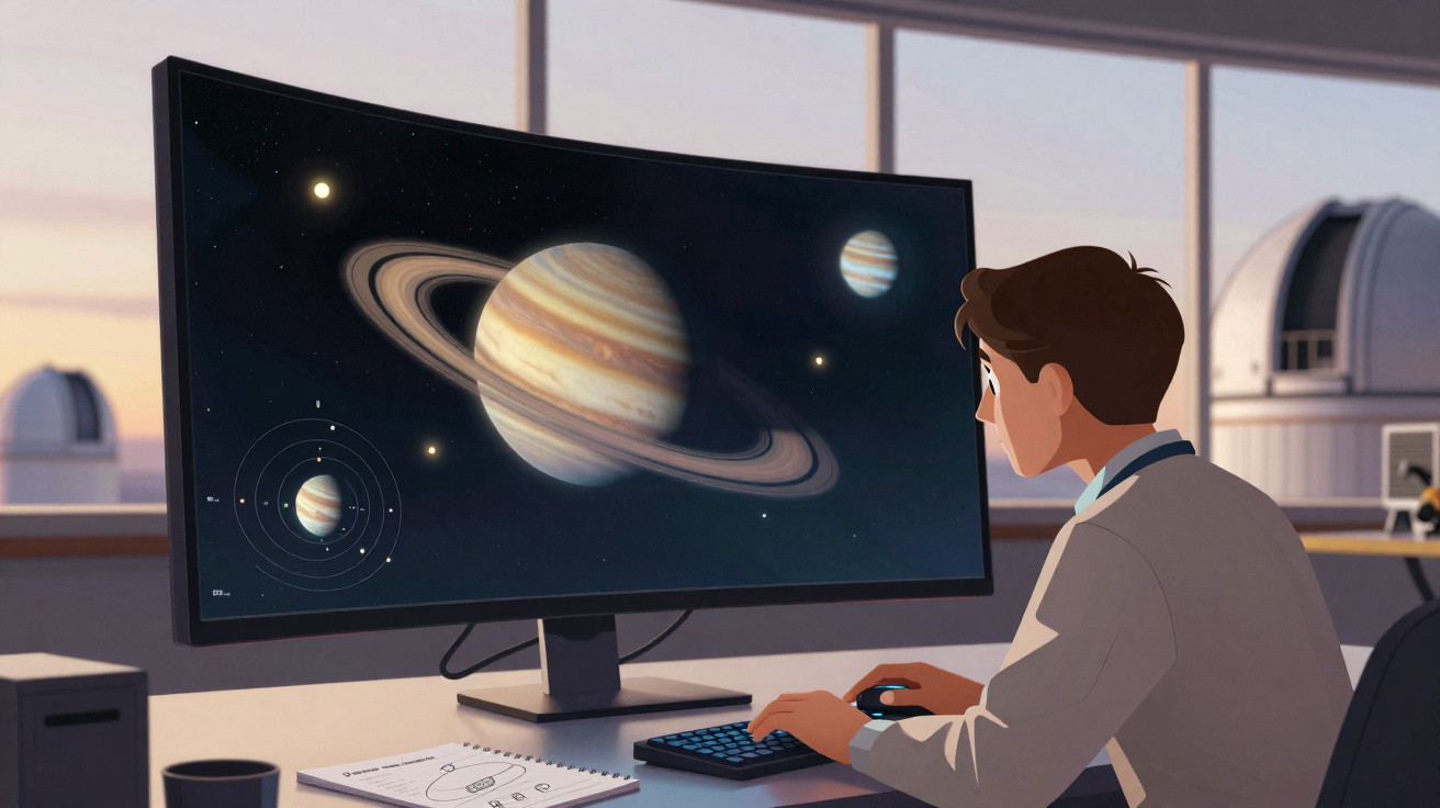 Jovem estudando planetas em tela de computador em sala com telescópios ao fundo ao entardecer.