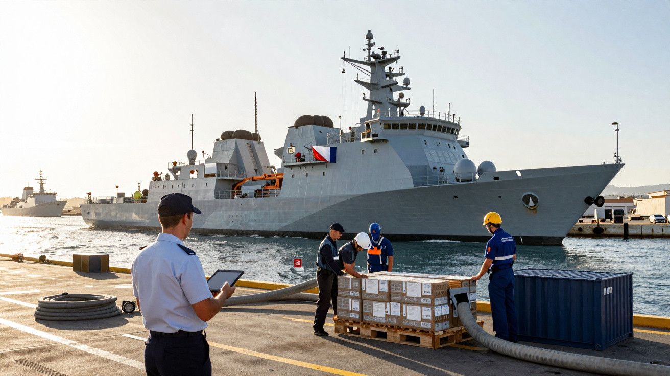 Marinha descarregando suprimentos no cais com navio militar ancorado ao fundo.