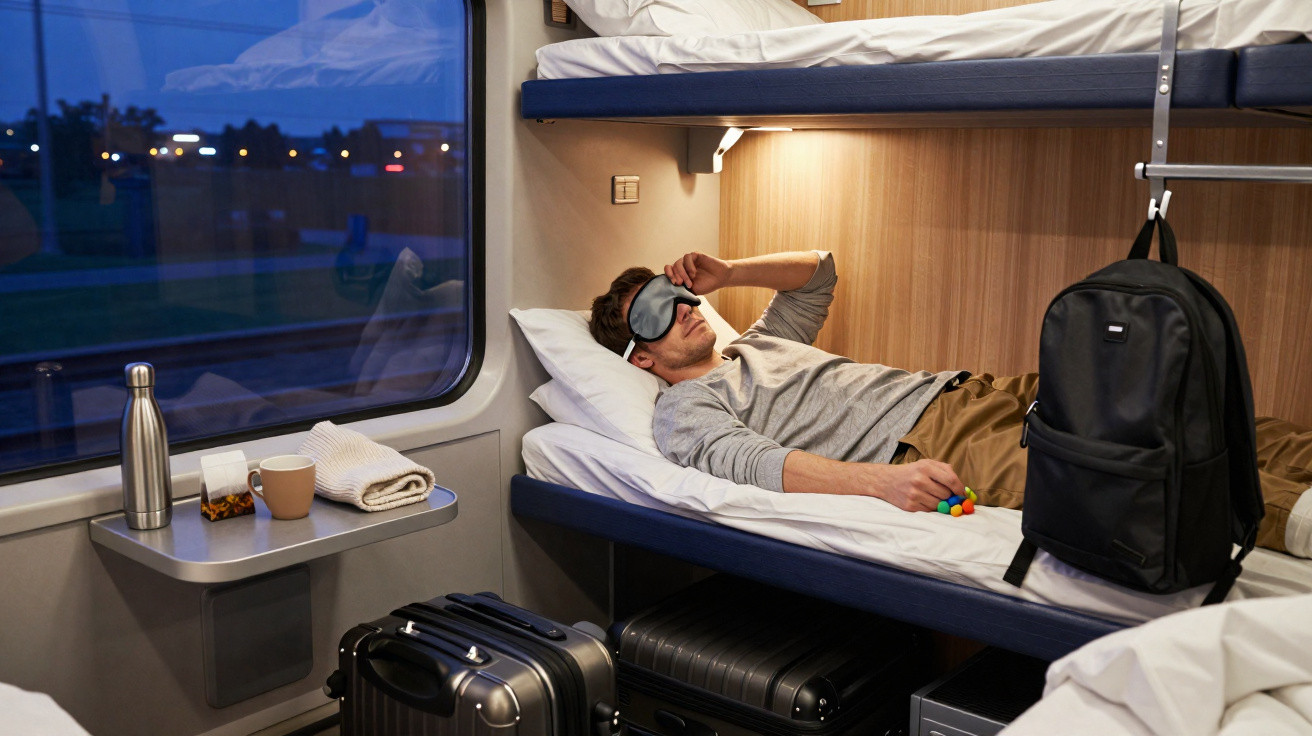 Homem de máscara de dormir deitado na cama inferior de cabine de trem com bagagens ao redor à noite.
