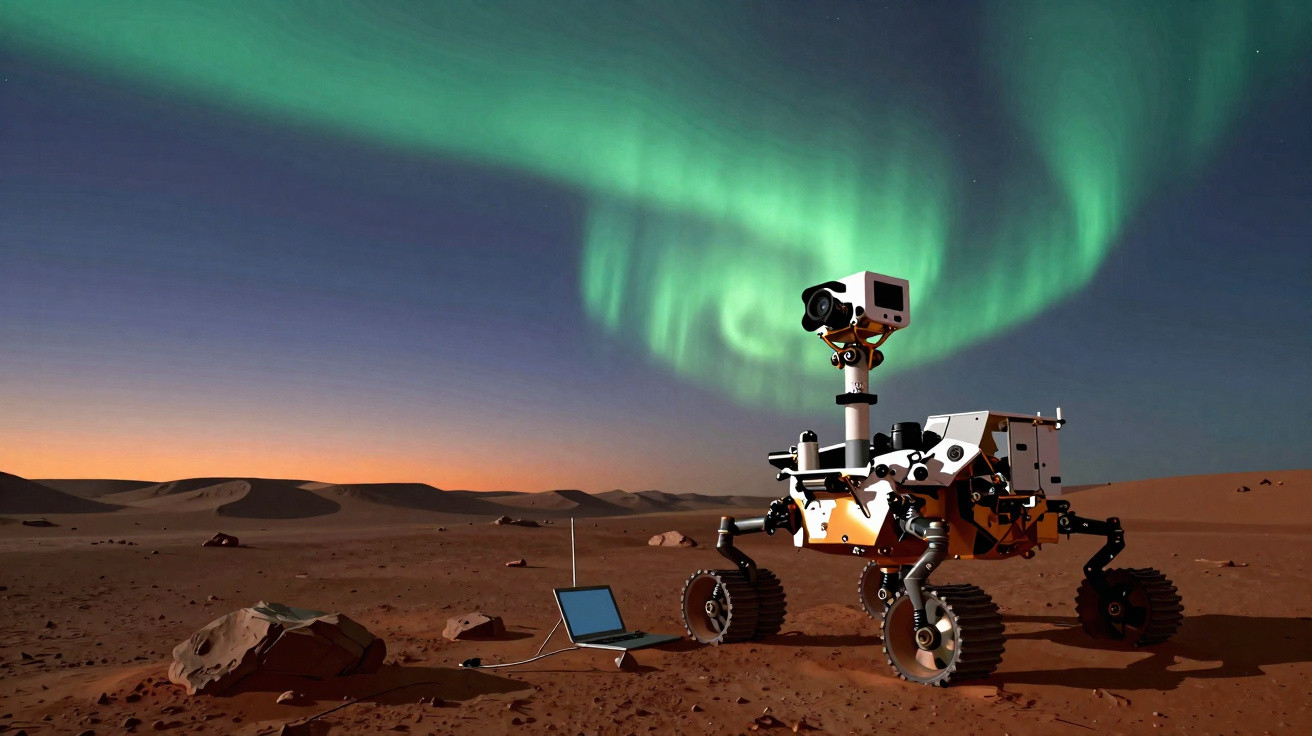Rover explorando terreno marciano com laptop conectado sob aurora boreal no céu ao entardecer.