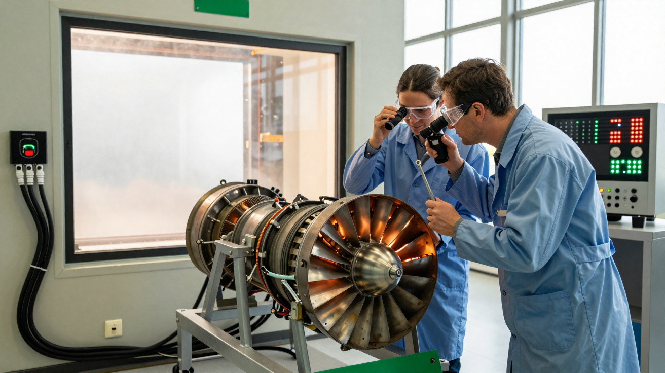Dois engenheiros com jalecos azuis e óculos de proteção analisam uma turbina em laboratório.
