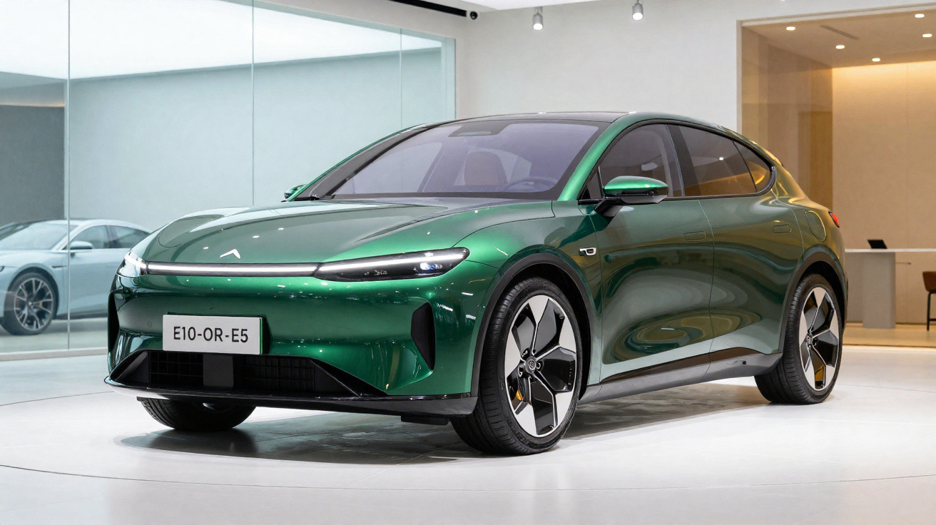 Carro elétrico verde escuro exibido em showroom moderno com piso branco e paredes de vidro.