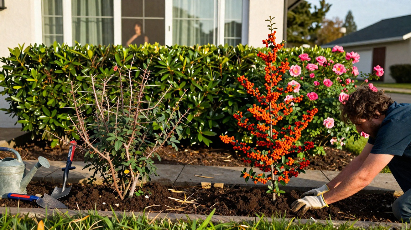 Homem cuidando do jardim com plantas, flores e ferramentas perto de uma casa branca com janela grande.
