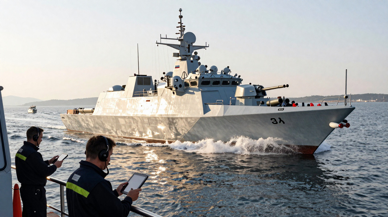 Navio de guerra branco navegando no mar com dois homens usando fones em um barco próximo.