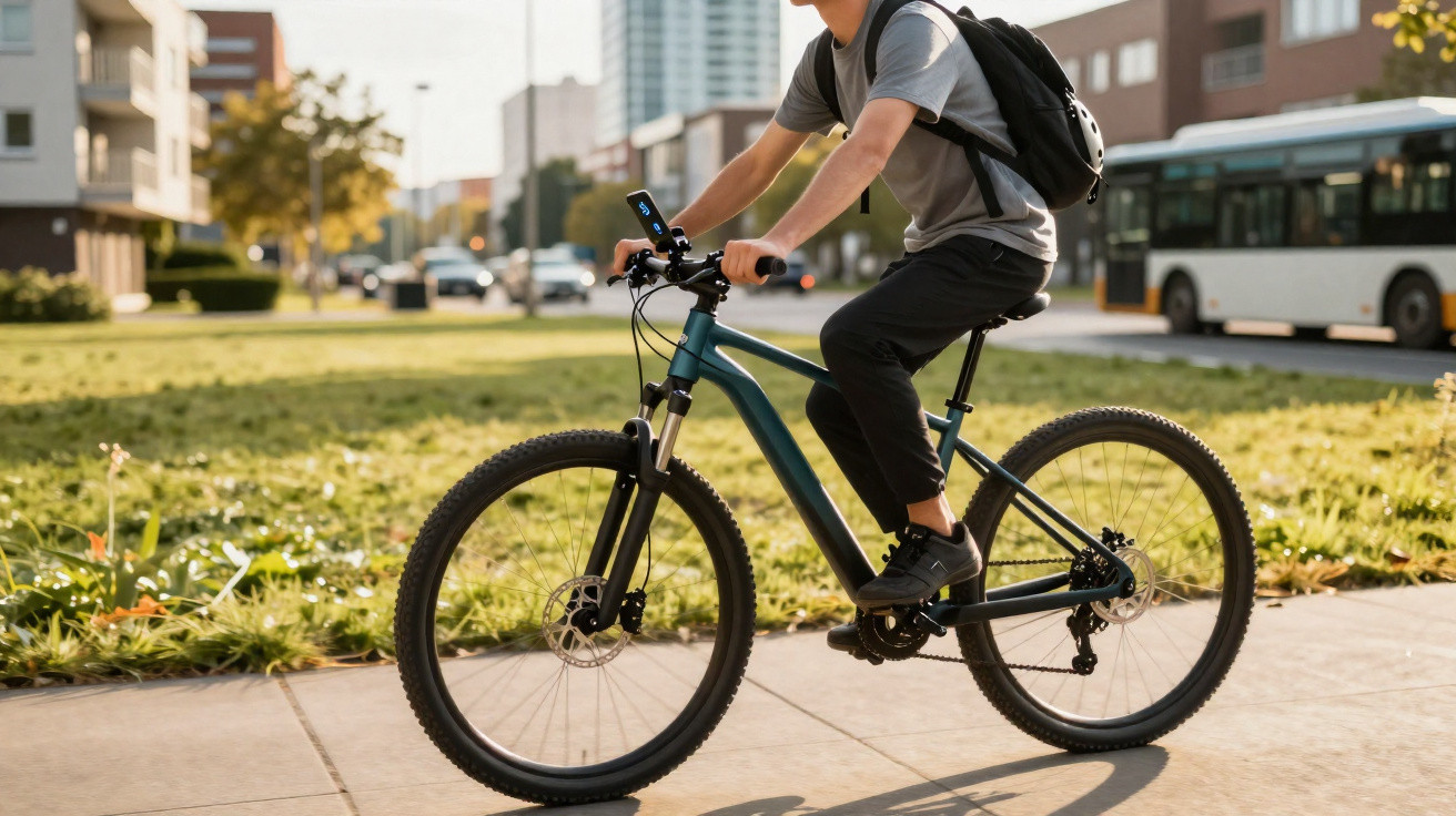 Pessoa andando de bicicleta em ciclovia urbana com mochila preta e roupas casuais.