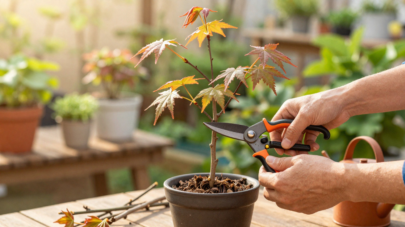 Pessoa podando planta jovem com tesoura de jardinagem em vaso preto sobre mesa de madeira.