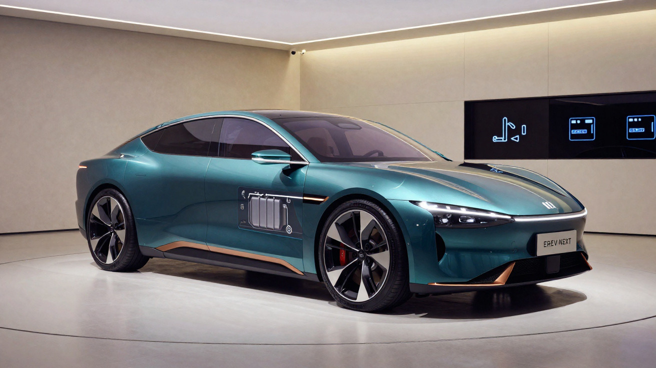 Carro elétrico esportivo verde em exibição interna com design moderno e rodas grandes.